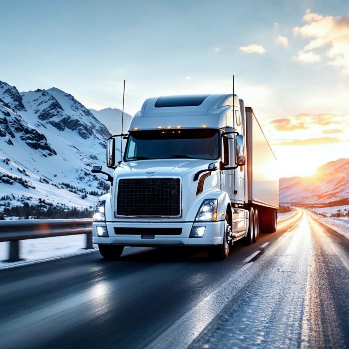 A white semi-truck drives on a snowy highway at sunset, showcasing strength and reliability.